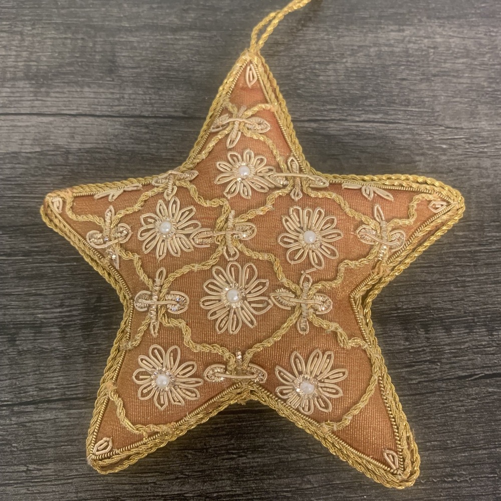 Vintage Gold Star Christmas Tree Ornament Beaded Flower Holiday Decoration